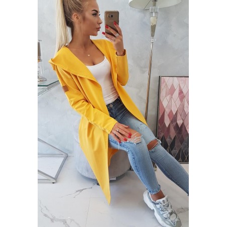 Dlhý horčicový kardigan/mikina s kapucňou a vreckami