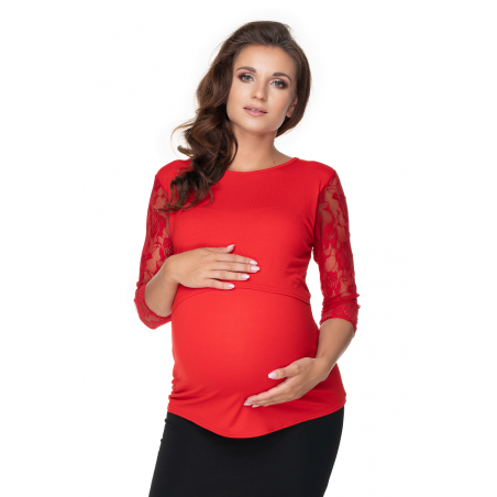 Červená tehotenská blúzka s čipkovaným rukávom PeeKaBoo