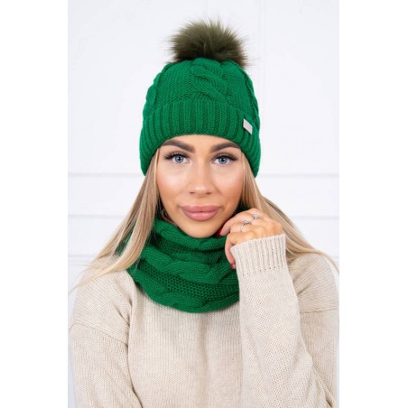 Komplet-Zelená čiapka s brmbolcom a šálom